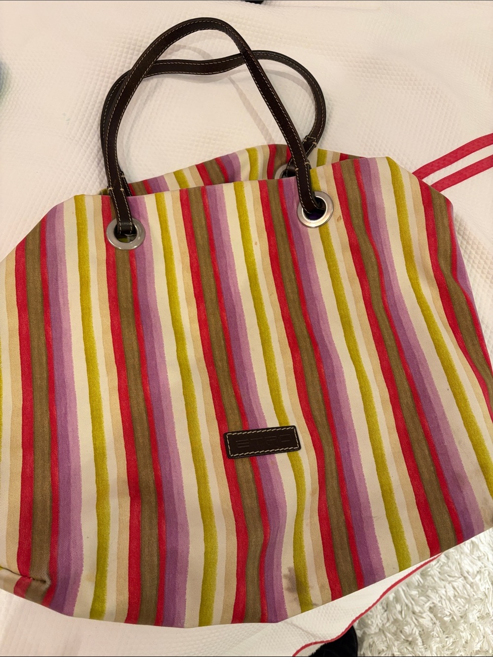 Etro Multicolor Striped Canvas Tote with Brown Leather Handles